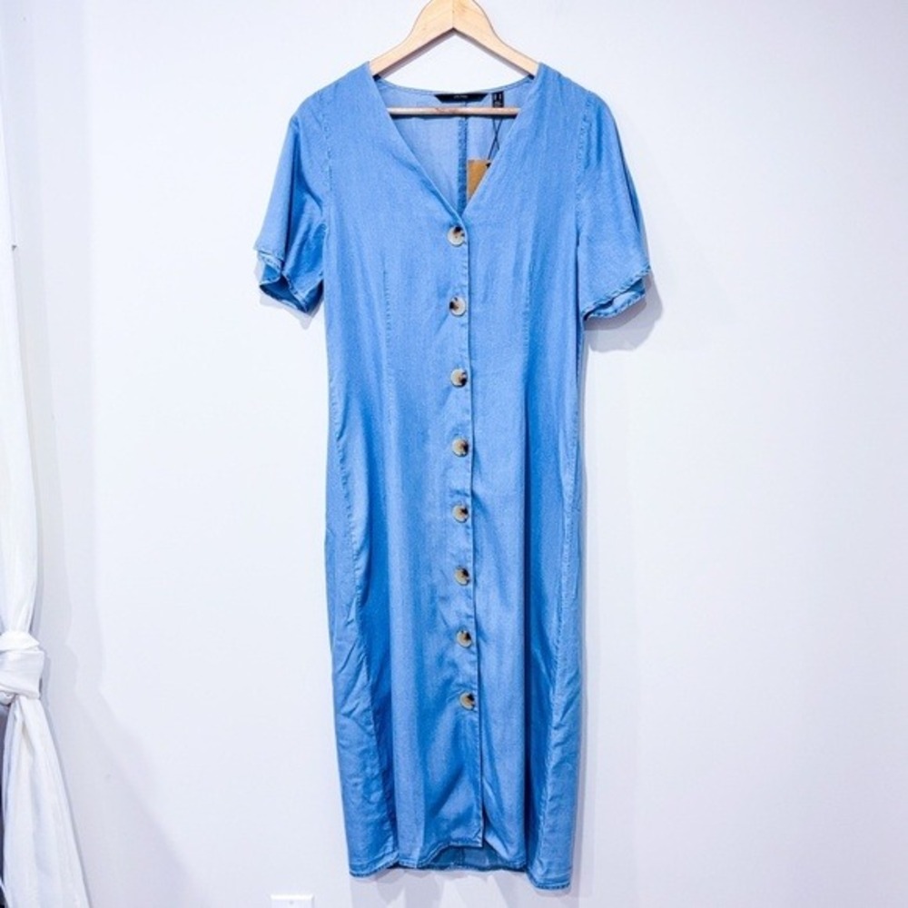 VERO MODA Blue Lyocell Button Front Midi Dress V Neck Short Sleeve Medium
